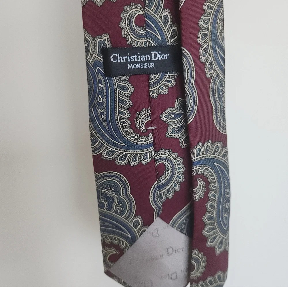 Christian Dior Monsieur 100% Silk Paisley Tie Burgundy Blue Made In Italy